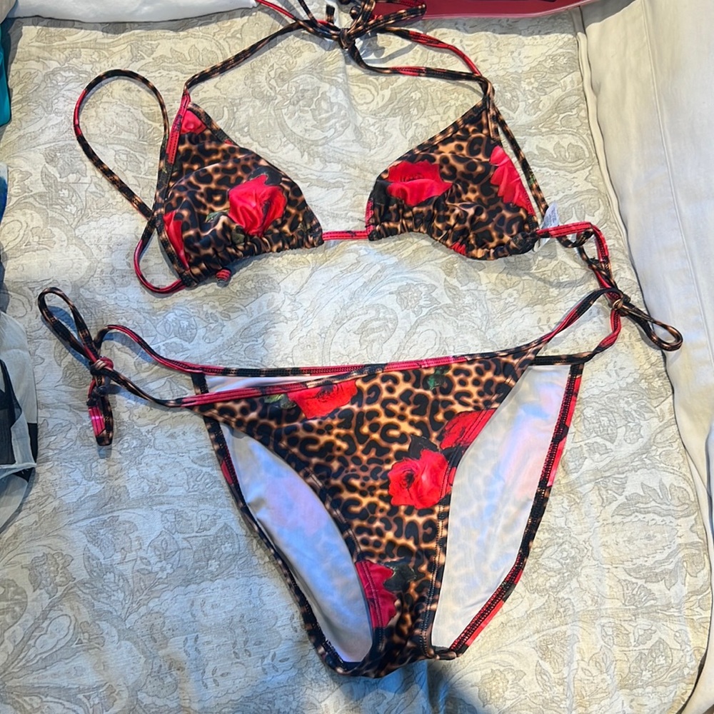 Leopard and Rose Combo String Bikini - Top M & Bottom L